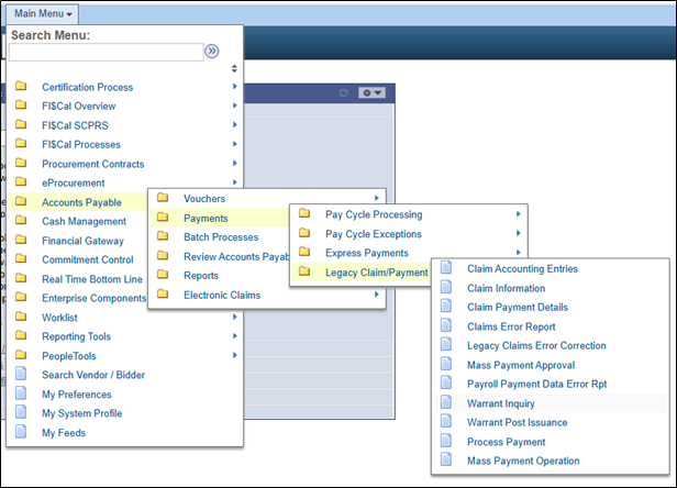FI$Cal Main Menu navigation path to Department Warrant Inquiry
